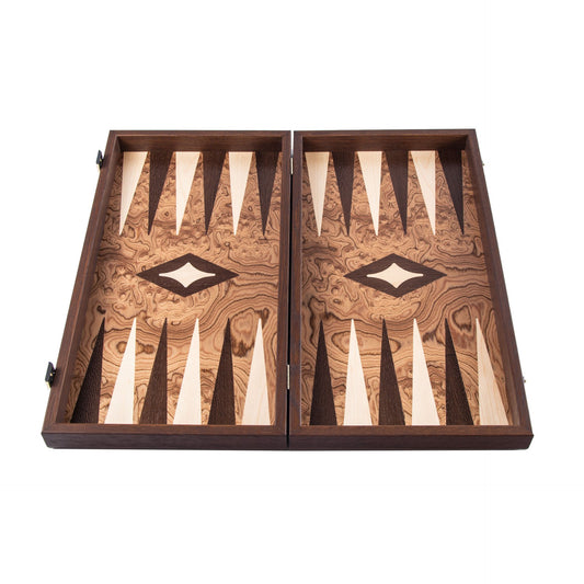 Premium Walnut Burl & wenge points Backgammon Set ( no side tracks) 30x20cm