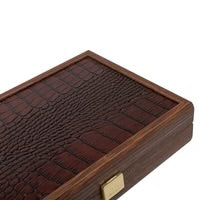 Luxury Domino Set in Brown Leather Crocodile texture with Wooden Case