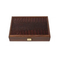Luxury Domino Set in Brown Leather Crocodile texture with Wooden Case