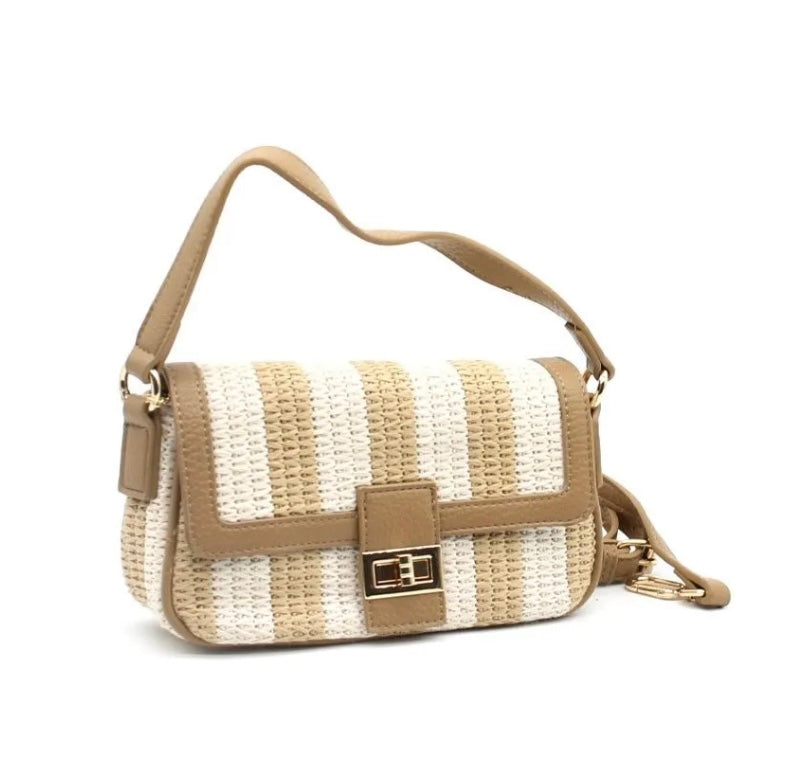 Striped Woven Crossbody Bag with Top Handle