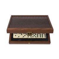 Luxury Domino Set in Brown Leather Crocodile texture with Wooden Case