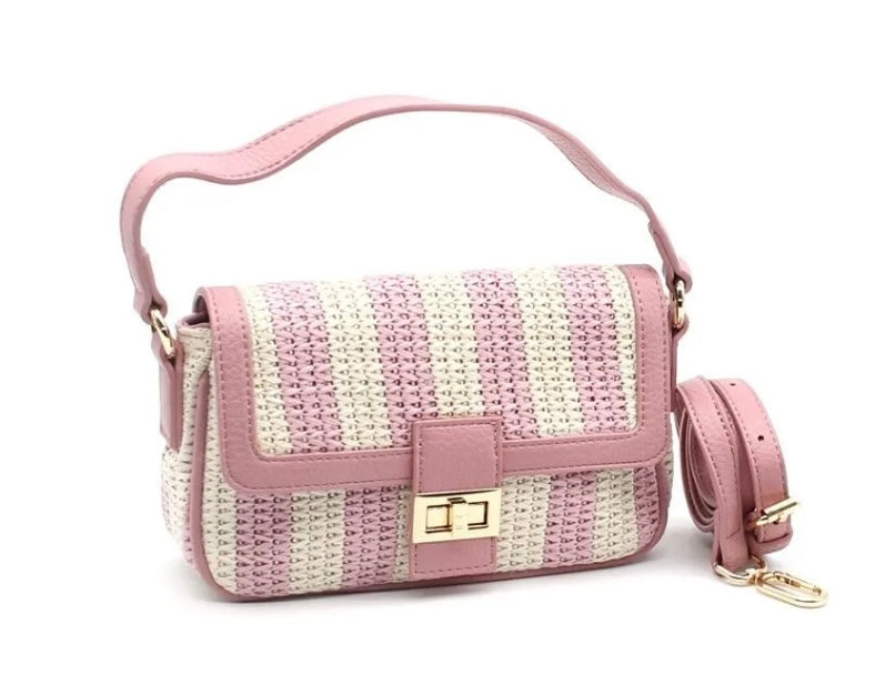 Striped Woven Crossbody Bag with Top Handle