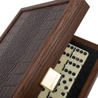 Luxury Domino Set in Brown Leather Crocodile texture with Wooden Case