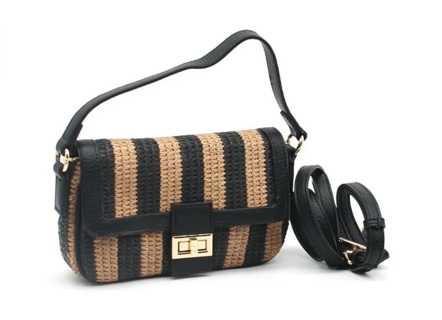 Striped Woven Crossbody Bag with Top Handle