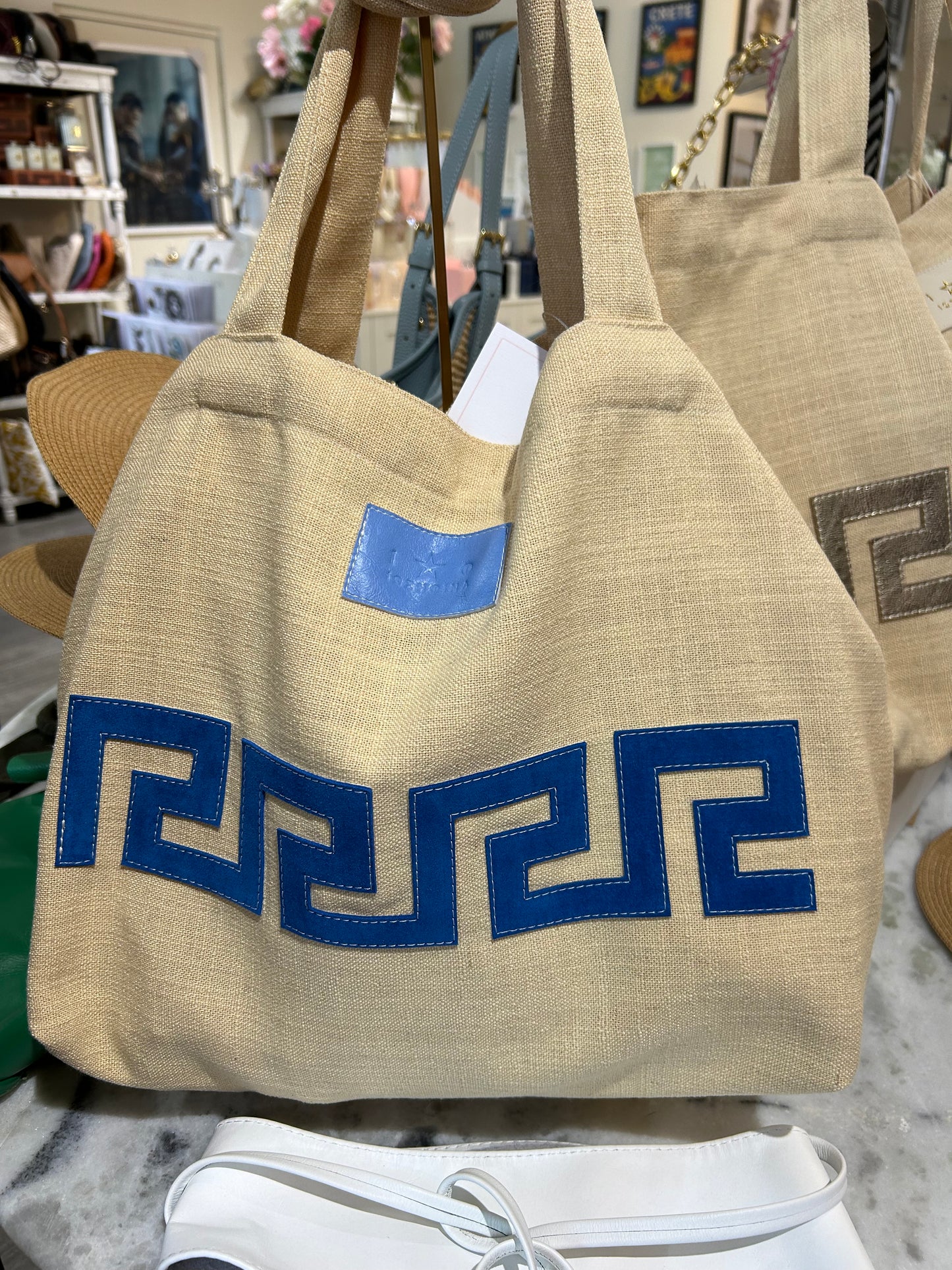 Beach Bag with leather Greek key design