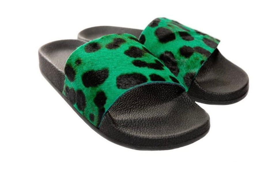 Leather Slides- Green Leopard